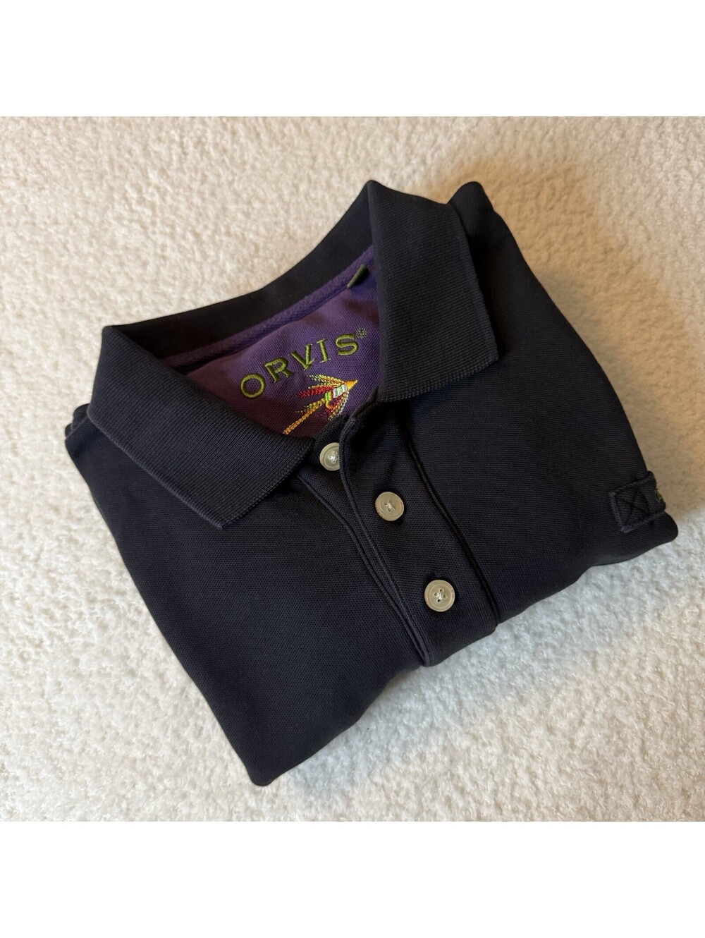 Orvis Men’s Polo Shirt XL-T Black Purple Trim 100% Cotton Fly Fishing